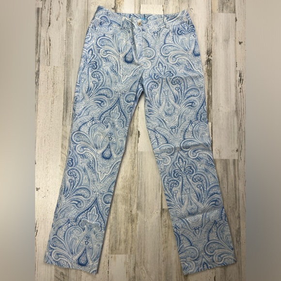 J. McLAUGHLIN Blue‎ & White Paisley Light Weight Jeans Size 10 X 31.5 Inseam - Picture 2 of 11